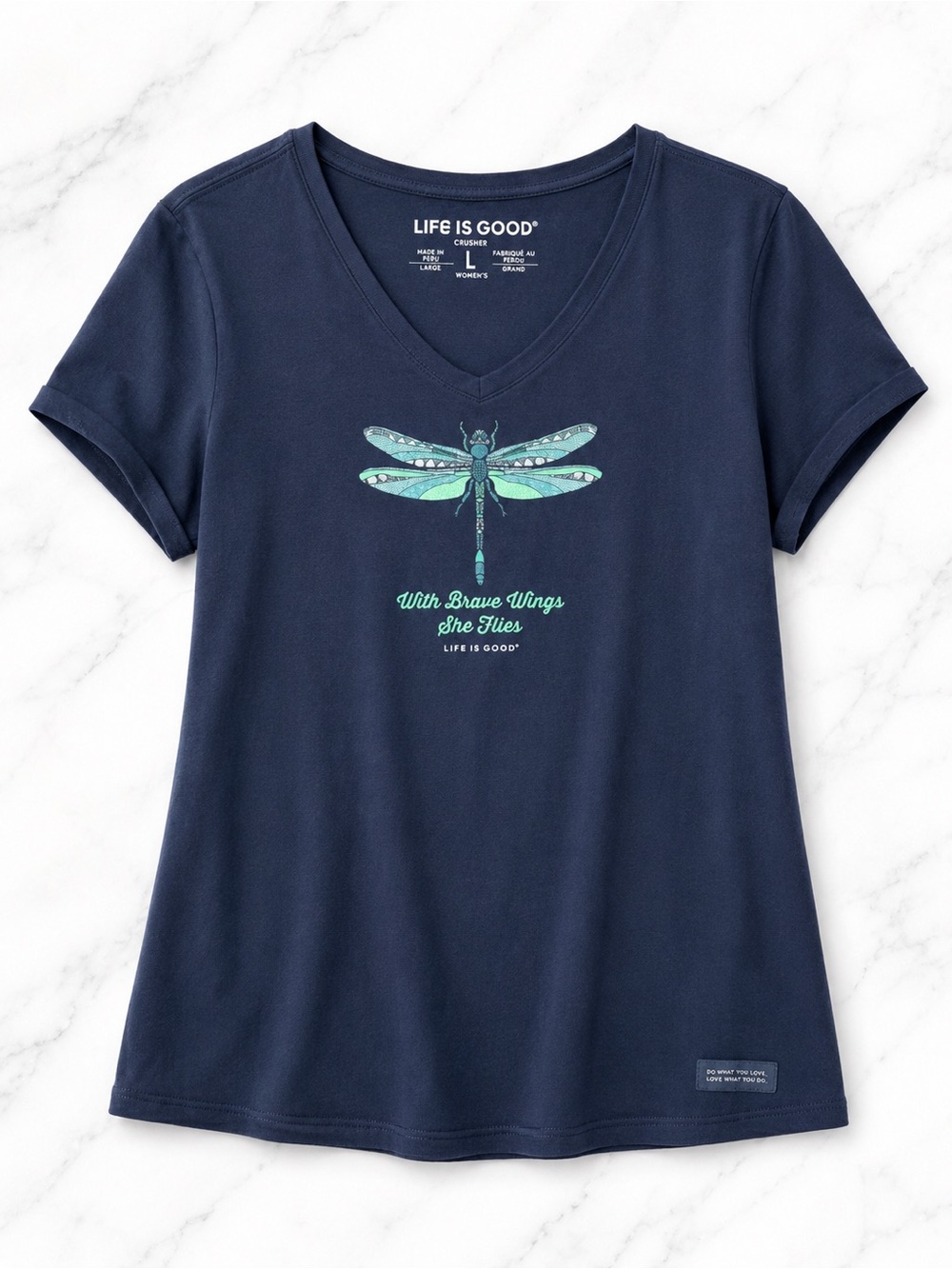 Life Is Good Navy V-Neck Tee with Teal Dragonfly Graphic
